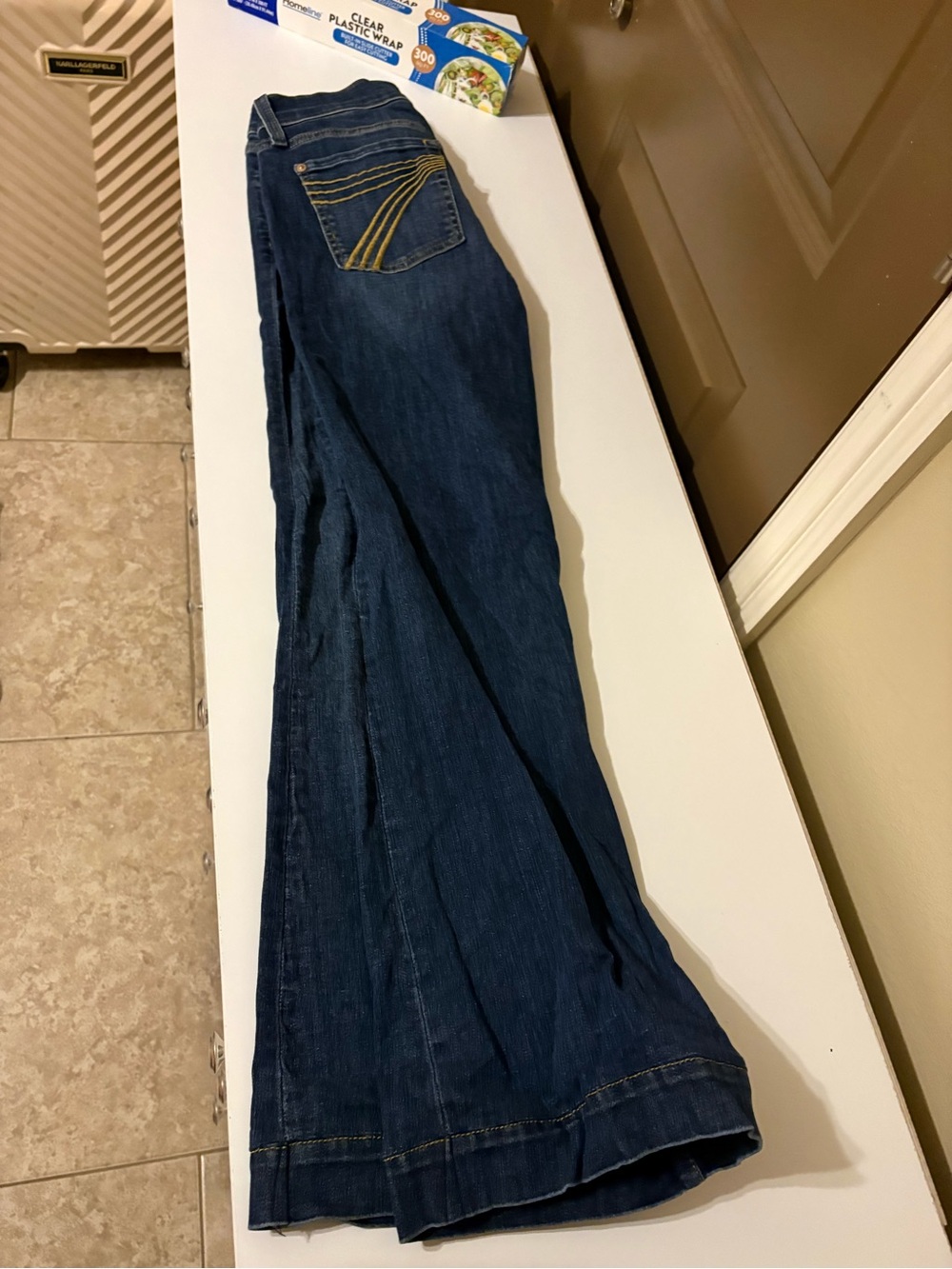7 For All Mankind Dark Blue Wide Leg Jeans with Yellow Topstitching